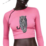 Tijger Strijk Applicatie Grijs Large op een roze longsleeve