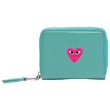 Hartje Met Oogjes Strijk Embleem Patch Donker Roze op een blauw groene portemonnee