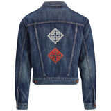 Tribal Paillette Rood Sequins Cosplay Strijk Embleem Patch samen met de zilverkleurige variant op de rugzijde van een spijkerjack
