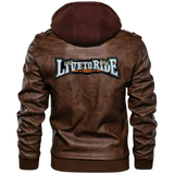 Live To Ride Tekst Biker Strijk Embleem Patch Wit op een bruin leren jas