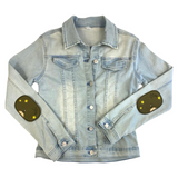 Knie Elleboog Strijk Stukken UFO Sterren Patch set Legergroen op de mouwen van een spijkerjasje