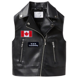 La La La I'm Not Listening tekst Opnaai Embleem Patch Sticker samen met de Canadese vlag strijk patch op een kleine kunstleren bodywarmer