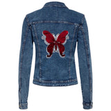 Vlinder Op Naai Embleem Patch Reversible Paillette Zilver Rood op de rugzijde van een spijkerjajse