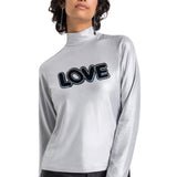 Love Paillette Tekst Strijk Embleem Patch op een zilverkleurige longsleeve