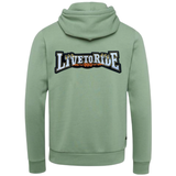 Live To Ride Tekst Biker Strijk Embleem Patch Wit op de rugzijde van een groene hoodie