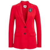 Embleem Stras Strijk Embleem Patch op de revers van een rode colbert