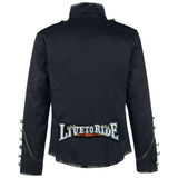 Live To Ride Tekst Biker Strijk Embleem Patch Wit op de rugzijde van een zwarte goth jas