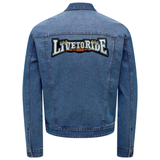 Live To Ride Tekst Biker Strijk Embleem Patch Wit op de rugzijde van een spijkerjack