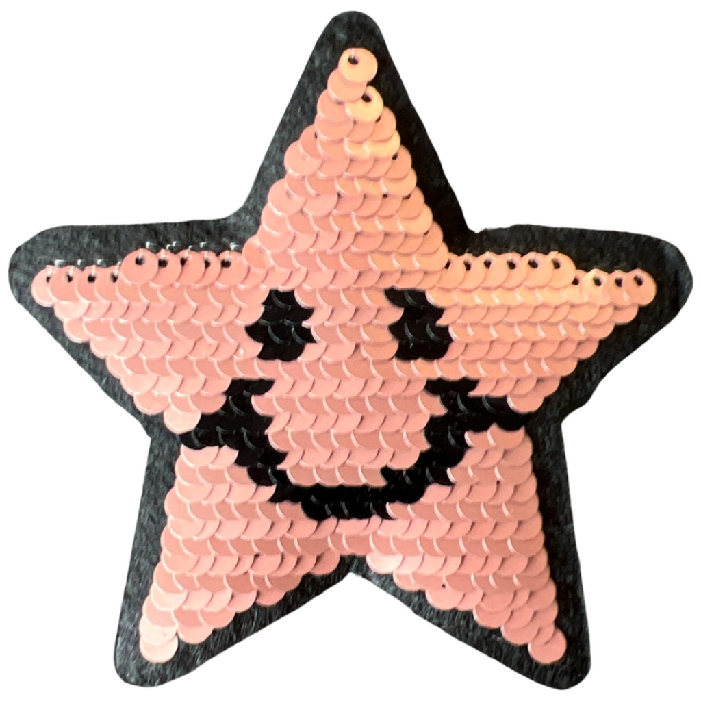 Smiley Ster Reversible Paillette Strijk Embleem Patch van roze naar zilver