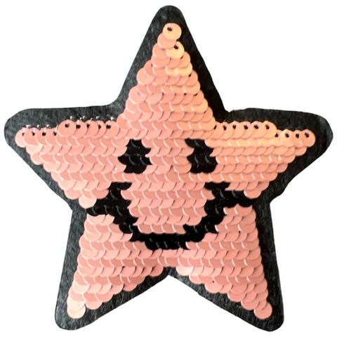 Smiley Ster Reversible Paillette Strijk Embleem Patch van roze naar zilver