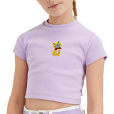 Poes Kat Poesje Strijk Embleem Patch Geel op een lila t-shirtje