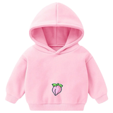 Perzik Strijk Embleem Patch op een kleine roze hoodie