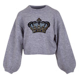 Kroon Paillette Strijk Applicatie Patch Goud Zilver Zwart op een grijze sweater