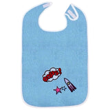 Oops Tekstwolk Strijk Applicatie Embleem Patch op een blauwe slabber samen met een ster en raket patch