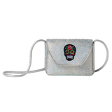Sugar Skull Doodskop Strijk Embleem Patch Zwart op een zilverkleurig tasje