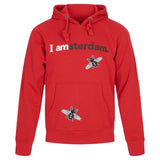 Twee maal de Bij Bijen Paillette Strijk Embleem Patch op een rode hoodie
