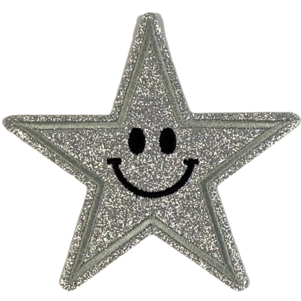 Smiley Ster Strijk Embleem Patch Glitter Zilver