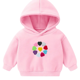 Alle kleurvarianten van het Hartje Strijk Embleem Patch Applicatie Medium op een kleine roze hoodie