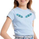 Twee maal de Tribal Paillette Lichtblauw Cosplay Sequins Strijk Embleem Patch op een lichtblauw t-shirtje