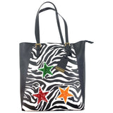 Ster Paillette Glitter Strijk Embleem Patch Groen samen met de rode en oranje variant op een tas met zebraprint