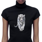 Witte Tijger Strijk Applicatie Large op een zwart t-shirt
