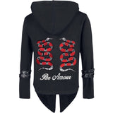 Par Amour Tekst XL Strijk Embleem Patch samen met een set koraalslangen op de rugzijde van een zwarte jas