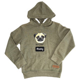 Lucky Hashtag Strijk Embleem Patch Zwart Wit op een groene sweater samen met een mops hond strijk applicatie