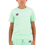 Twee maal de Roos Strijk Embleem Patch Bordeaux Roze op een mint groen jogging pakje