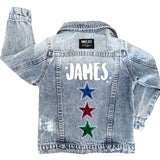 Ster Paillette Glitter Strijk Embleem Patch Groen samen met de blauwe en rode variant op de achterzijde van een spijkerjack
