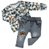 Regenboog Paillette Strijk Embleem Patch op een klein grijs spijkerbroekje