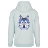 Wolf Artistiek Strijk Applicatie op de rugzijde van een lichtblauwe hoodie