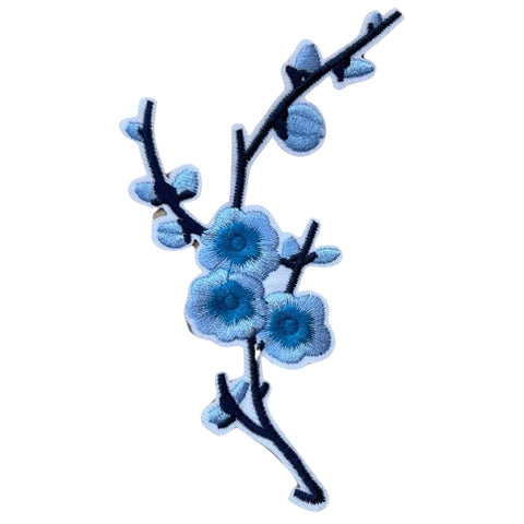 Pruimen Bloesem Bloemen Licht Blauw Strijk Embleem Patch Links