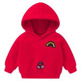 Regenboog Paillette Strijk Embleem Patch samen met een paillette koptelefoon strijk patch op een kleine rode hoodie