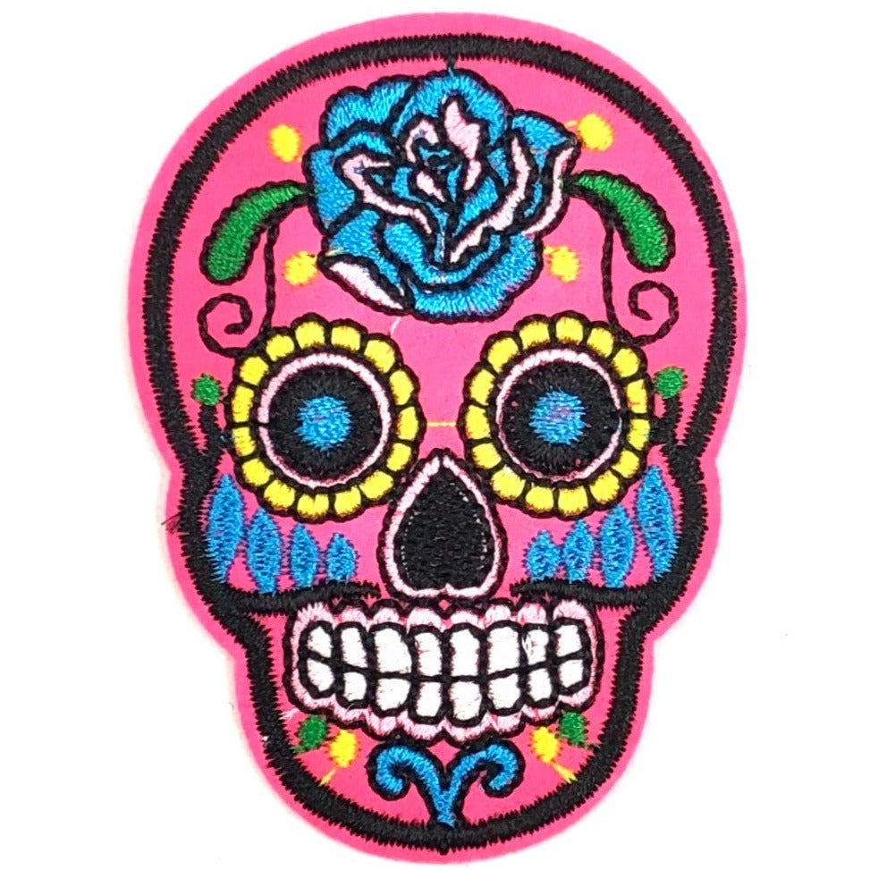 Schedel Sugar Skull Strijk Embleem Patch Neon Roze
