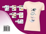 Voorbeeld van de orka de dolfijnen en de love and peace tekst applicaties op een zalm roze t-shirt