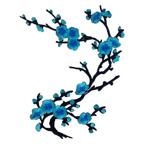Pruimen Bloesem Tak Strijk Embleem Patch Blauw