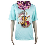 Viool Pioen Rozen Strijk Applicatie op een blauw t-shirt