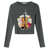 Viool Pioen Rozen Strijk Applicatie op een grijze longsleeve