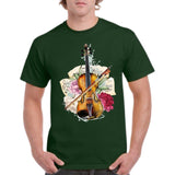 Viool Pioen Rozen Strijk Applicatie op een groen t-shirt