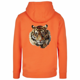 Tijger Strijk Applicatie Pranja XL op de rugzijde van een oranje hoodie