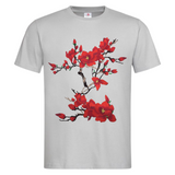Magnolia Bloesem Bloemen Tak XXL Strijk Embleem Patch Rood op een grijs t-shirt