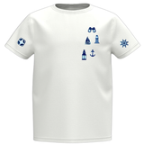 Marine Navy Opnaai Knoop Vuurtoren samen met zes varianten uit deze serie op een wit t-shirtje