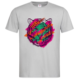 Tijger Art Graffiti Strijk Applicatie Roze Groen op een grijs t-shirt