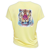 Tijger Full Color Art Strijk Applicatie op een geel t-shirt