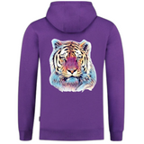 Tijger Full Color Art Strijk Applicatie op de achterzijde van een paarse hoodie