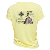 Vintage Lady 3 Strijk Applicatie op een geel t-shirt