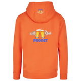 Bier Glazen Bierpull Proost Tekst Full Color Strijk Applicatie Large samen met de kleinere variant op de rugzijde en capuchon van een oranje hoodie