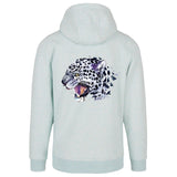 Sneeuwluipaard Sneeuwpanter XXL Strijk Full Color Applicatie op de achterkant van een lichtblauwe hoodie