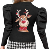 Rendier Rudolph Reindeer Strijk Applicatie achterop een zwarte blouse