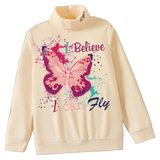 Vlinder I Believe I Can Fly Strijk Applicatie op een licht gele sweater